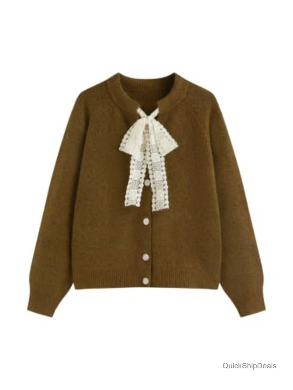 Wool Knit Cardigan Lace Bow Button Long Sleeve Sweater